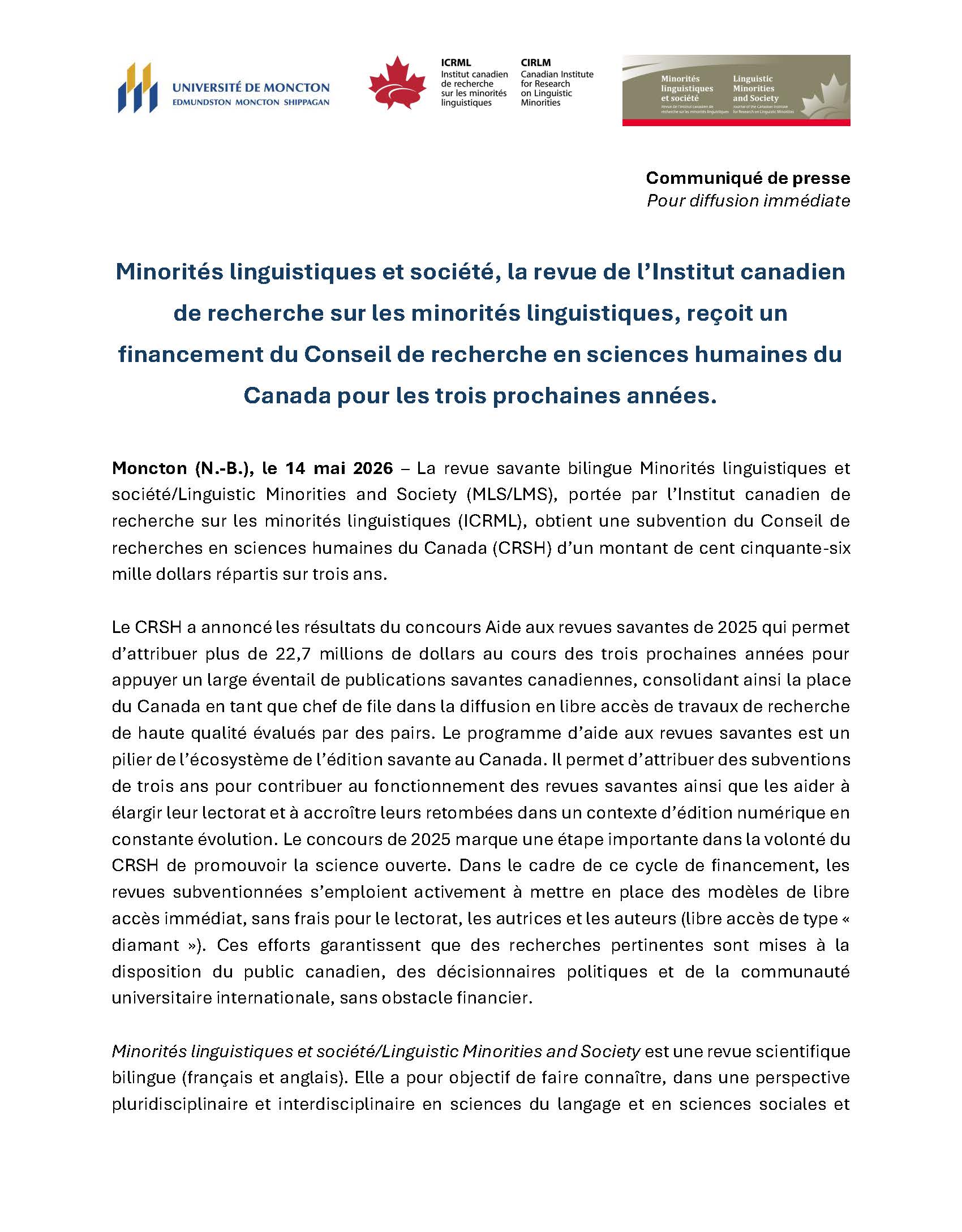 COMMUNIQUÉ Minorités linguistiques et société Page 1